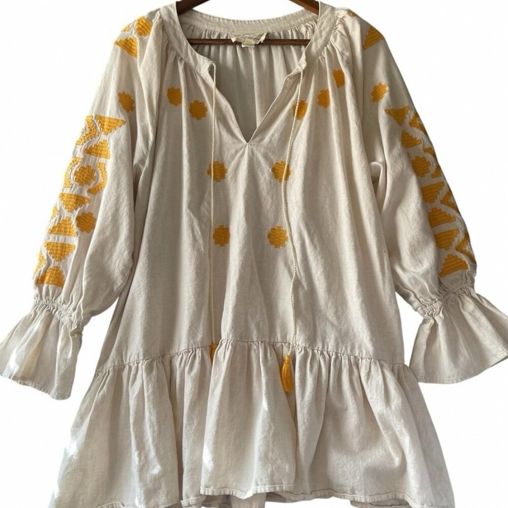 Womens The Jolene Tunic Top Large Embroidered Boho Lagenlook Coastal=